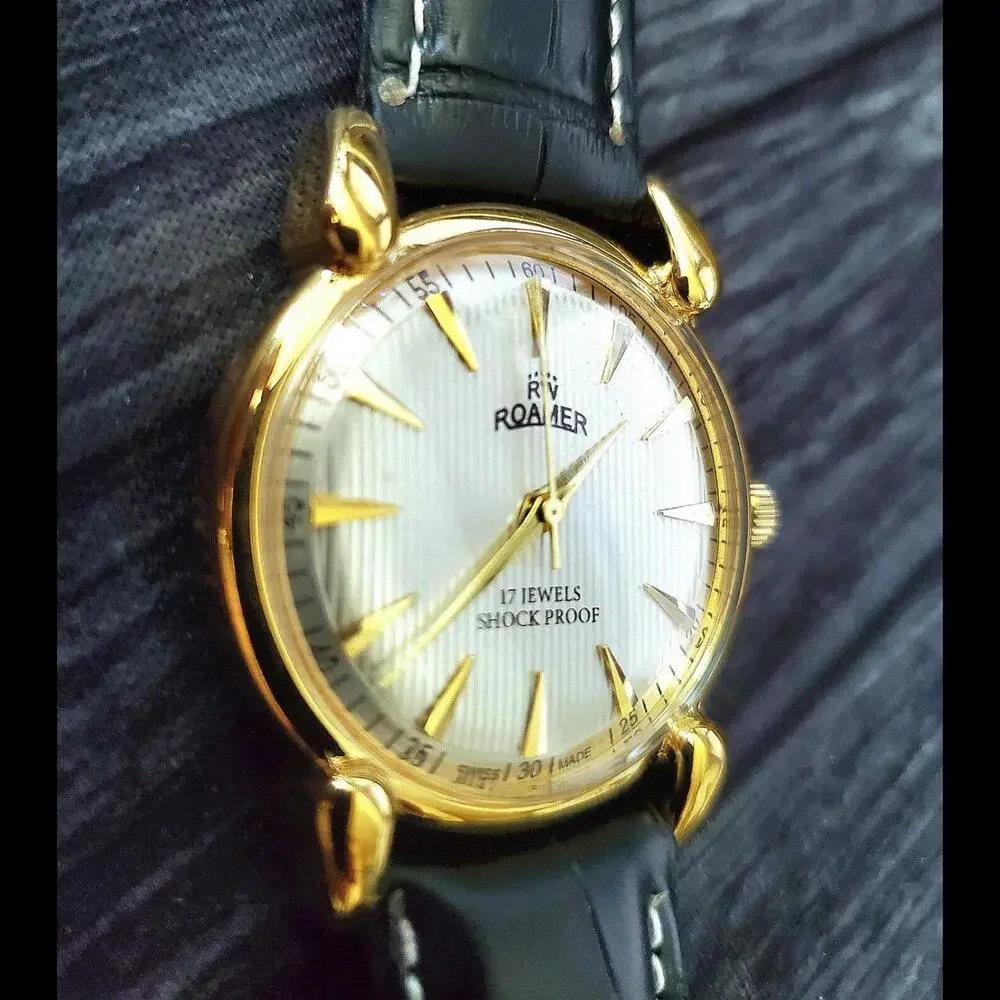 Rare Roamer‎ Brevete Swiss Mens Manual Watch Gld Cham Blk